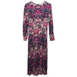 Keyhole Back Pink Purple Floral Long Sleeve Romantic Boho Flowy Maxi Dress Sm
